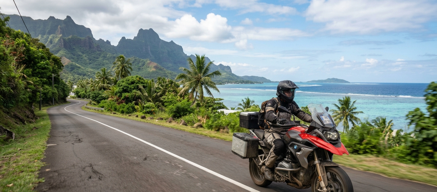 Motard sur une route côtière de Polynésie française au coucher du soleil